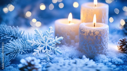 An enchanting Winter Solstice scene with snowflakes and cozy candles against a frosty blue background, macro shot, Cozy style photo