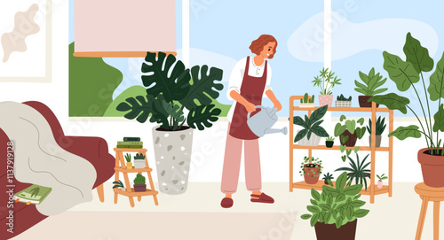 Woman takes care of indoor plants. Happy girl watering potted flowers. Cozy interior. Palm and succulent in flowerpots. Home gardening process. Domestic greenhouse. Garish vector concept