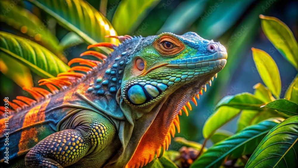 Obraz premium Vibrant Iguana Aerial Photography: Colorful Reptile, Tropical Habitat, Vivid Scales, Stunning Aerial View, High-Resolution Image