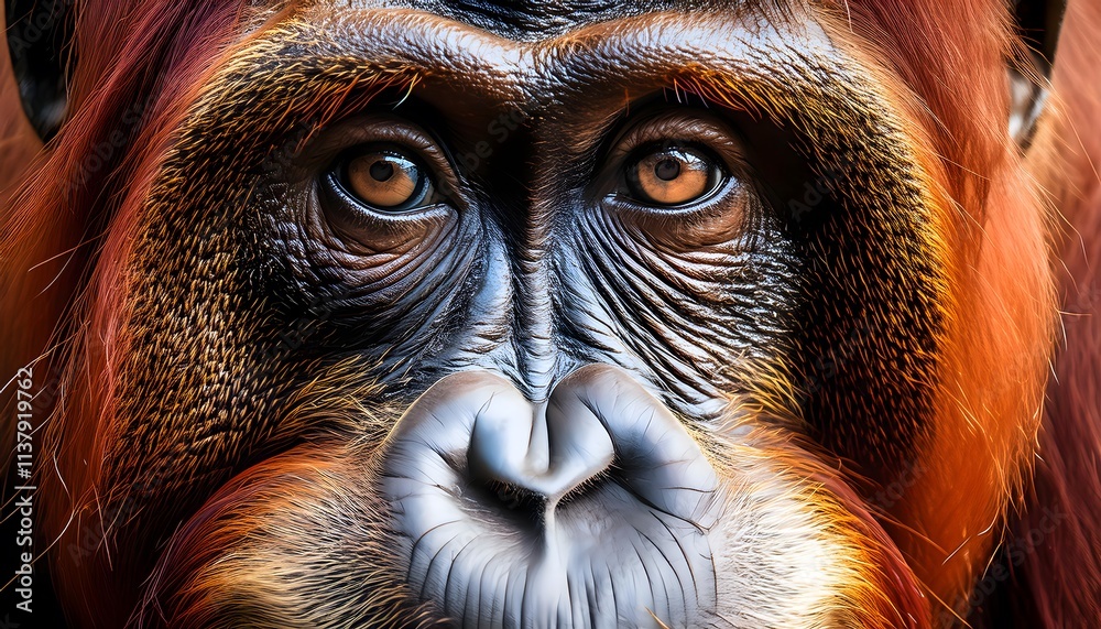Obraz premium Extreme close-up of an orangutan's face, kind and soulful brown eyes, and detailed fur, soft natural light illuminating its features.