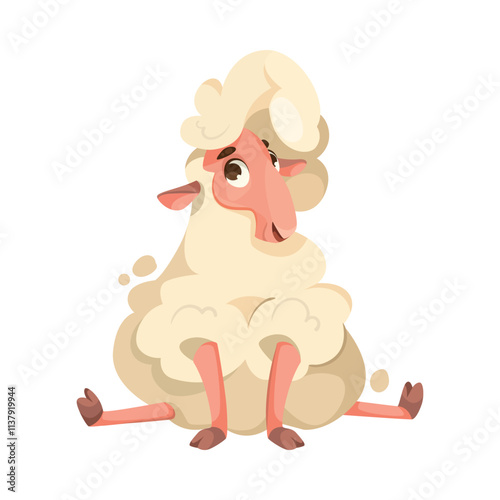 Funny Sheep Farm Character with Wooly Body and Hoof Sitting Vector Illustration