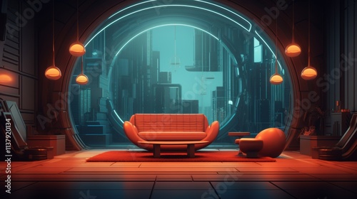 Cozy Cyberpunk Living Space with a Panoramic City View through a Circular Window