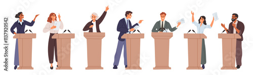 Speakers speak from stands. Political debate discussions. Presidential candidates with programs. People standing at tribunes. Election campaign. Politician speech. Garish vector set