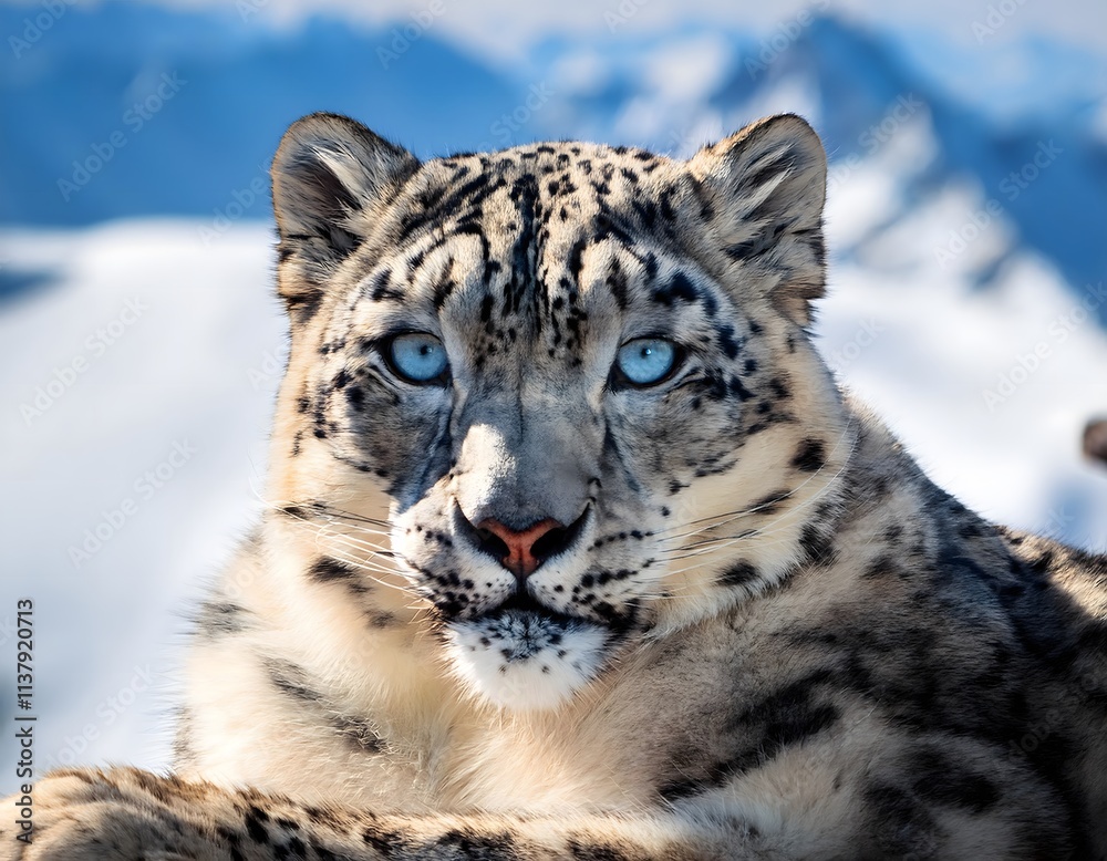Obraz premium Snow leopard lying on a rocky surface, extreme close-up of its face with piercing blue eyes and soft fur, surrounded by a snowy mountain range