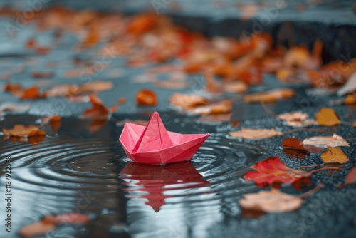 Pink paper with the shape of a ship on the water of a lake floating with fallen branches of deciduous trees photo