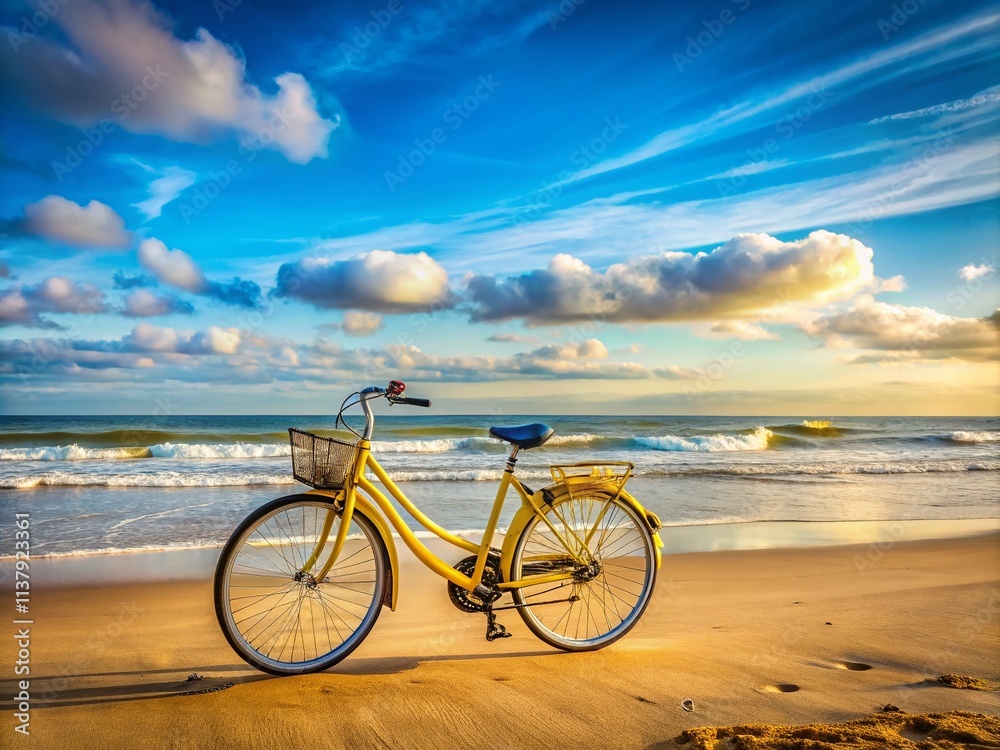 Fototapeta premium Vibrant Yellow and Blue Bicycle Parked at Zandvoort Beach with Scenic Coastal View in June 2021, Showcasing Dutch Public Transport and Relaxing Beach Atmosphere