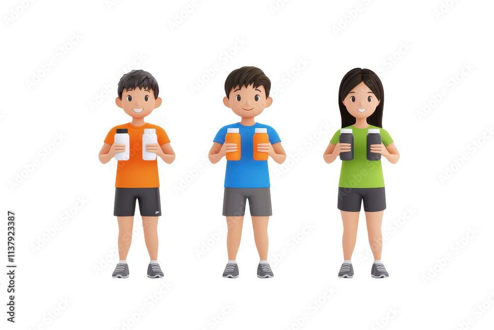 Fototapeta premium Three animated characters hold beverages, wearing colorful athletic outfits, showcasing a lively and energetic vibe.