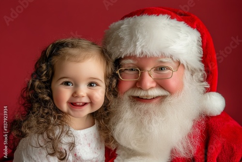 Isolated white baby girl in festive knee on red background. Lively yule, gorgeous baby girl! copy space. Santa family photo. Santa photo decor. Santa lap background. Cute lap santa. photo