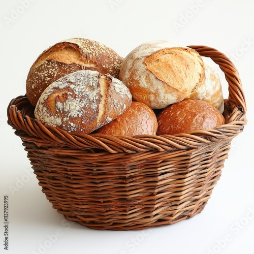 Freshly baked breads (buns, croissants, baguette, cereal bread) in basket isolated on white background