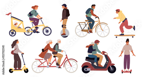 People ride electric city transport. Citizens travel by eco friendly vehicles. Self propelled skateboard and scooter. Man driving motorbike. Woman on gyroscooter. Garish vector set