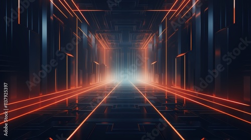 Neon-Lit Corridor with Futuristic Geometry and Dynamic Lighting
