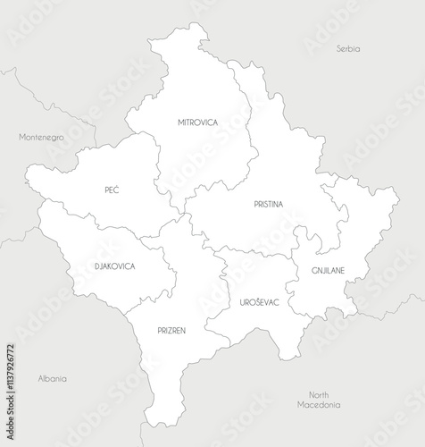 Vector regional map of Kosovo with districts and administrative divisions, and neighbouring countries and territories. Editable and clearly labeled layers.