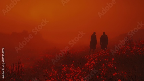 Two figures walk through a foggy landscape filled with vibrant red flowers under an orange-tinged sky, creating a surreal and atmospheric scene.
