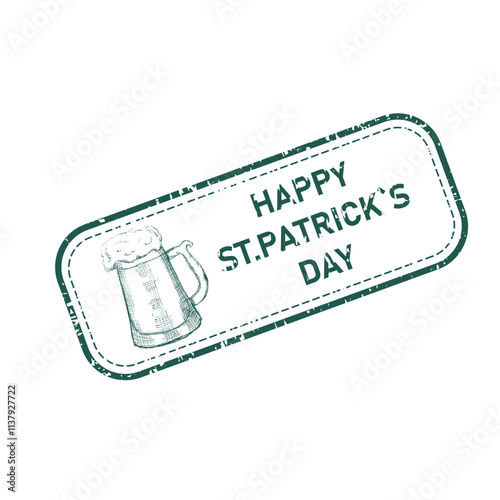 Happy St Patrick's day grunge retro rubber stamp with beer mug. Vector element