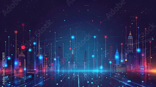 Futuristic City Skyline with Digital Elements and Abstract Lights photo