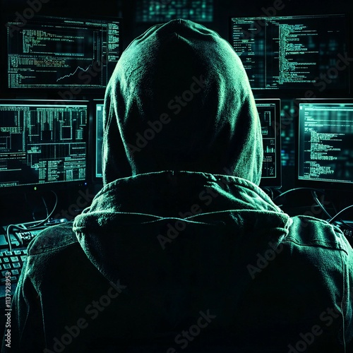 computer security, cyber pirates and hackers. hooded man stealing user data from a major state-owned platform photo