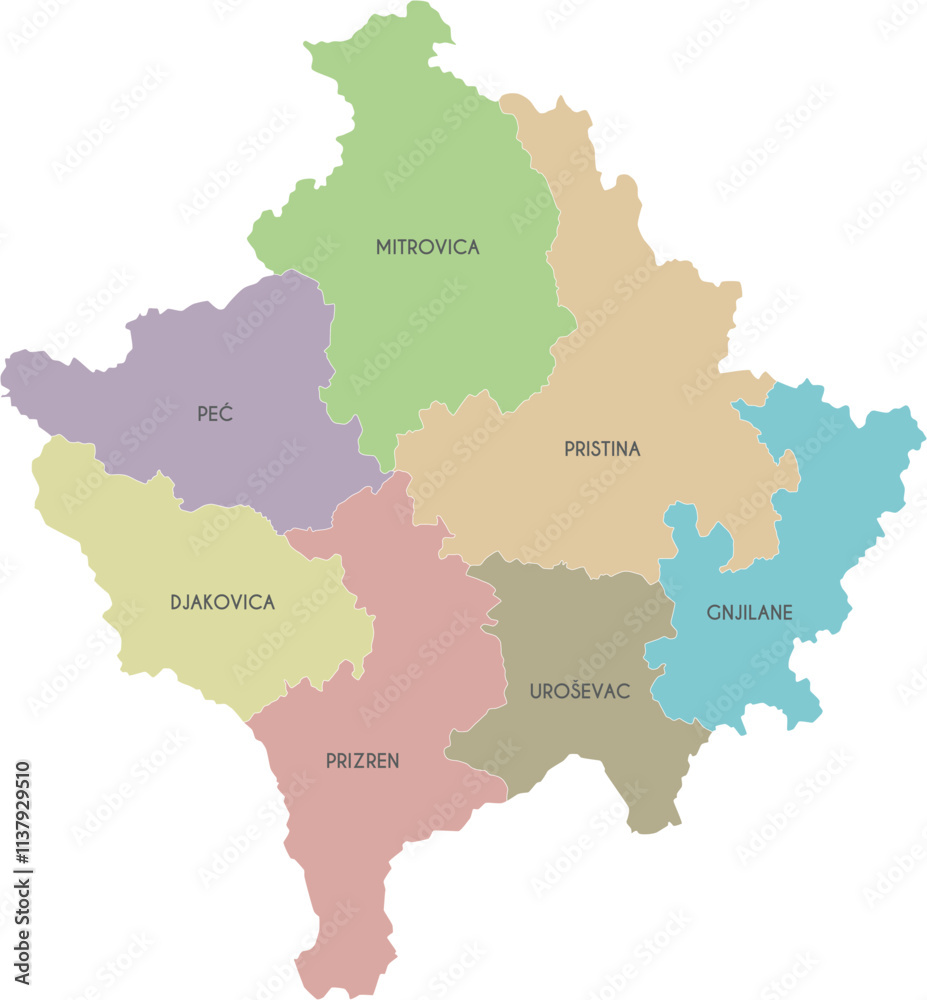 Fototapeta premium Vector regional map of Kosovo with districts and administrative divisions. Editable and clearly labeled layers.