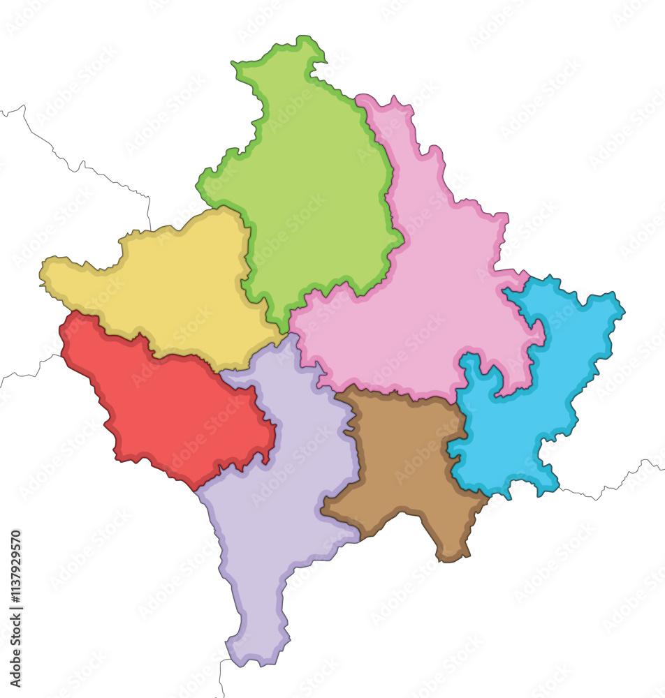 Vector illustrated regional blank map of Kosovo with districts and administrative divisions, and neighbouring countries and territories. Editable and clearly labeled layers. Vector illustrated regional blank map of Kosovo with districts and administrative divisions, and neighbouring countries and territories. Editable and clearly labeled layers.