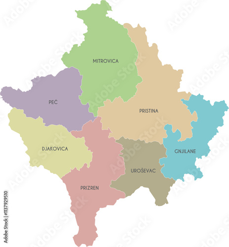 Vector regional map of Kosovo with districts and administrative divisions. Editable and clearly labeled layers.