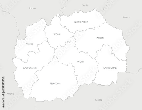 Vector map of North Macedonia with statistical regions and administrative divisions, and neighbouring countries and territories. Editable and clearly labeled layers.