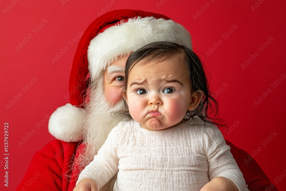 Jolly xmas, gorgeous baby girl! copy space. Isolated white baby girl in santa’s knee on red background. Christmas red idea. Kid christmas design. Christmas red theme. Kid cute christmas pho. Jolly xmas, gorgeous baby girl! copy space. Isolated white baby girl in santa’s knee on red background. Christmas red idea. Kid christmas design. Christmas red theme. Kid cute christmas pho.
