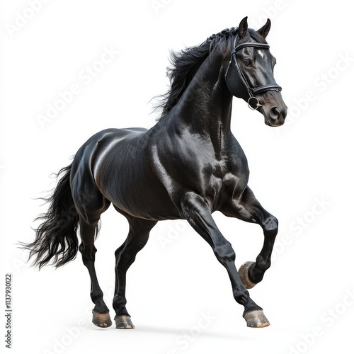 Running gallop Friesian black horse on the white