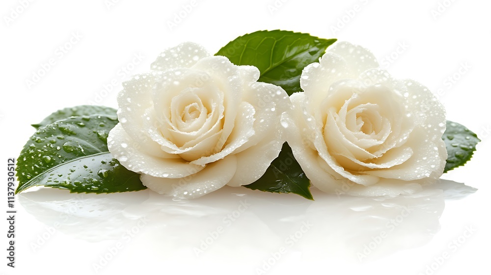 Two Dew Kissed White Camellia Blooms Resting on Leaves Two Dew Kissed White Camellia Blooms Resting on Leaves
