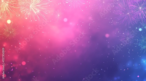 A pink and purple blurred background with fireworks in the corners.