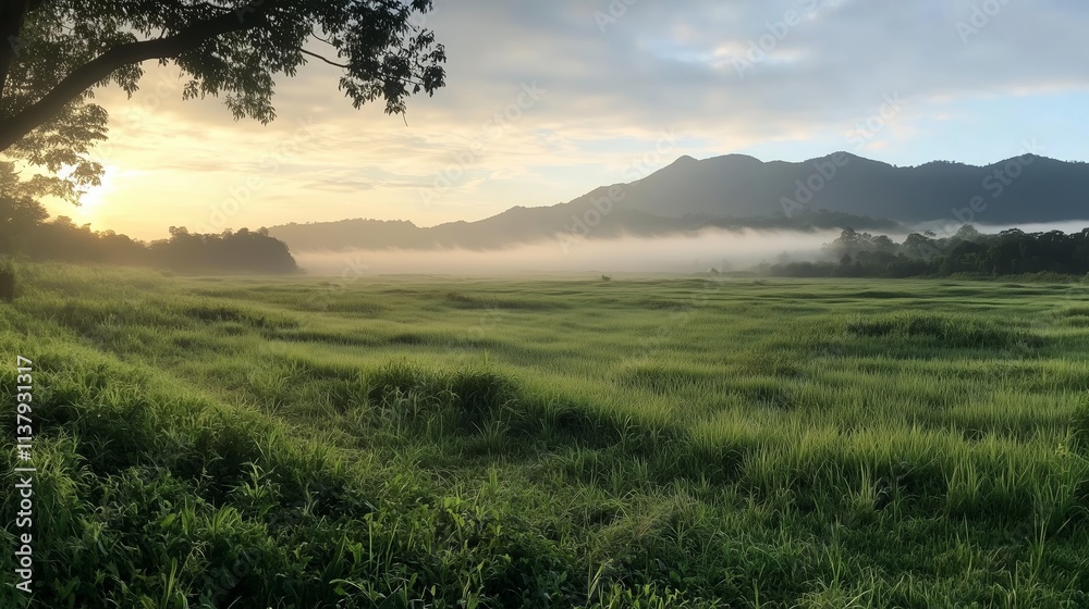 Mist-covered green fields at sunrise near mountains create a serene landscape Mist-covered green fields at sunrise near mountains create a serene landscape