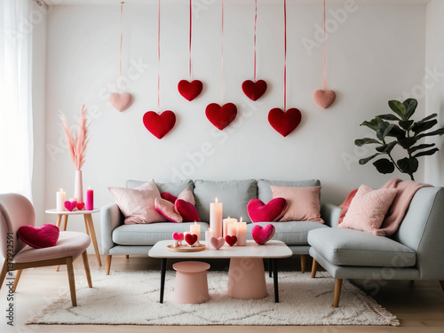A modern living room with minimal Valentine's Day decor featuring heart shaped