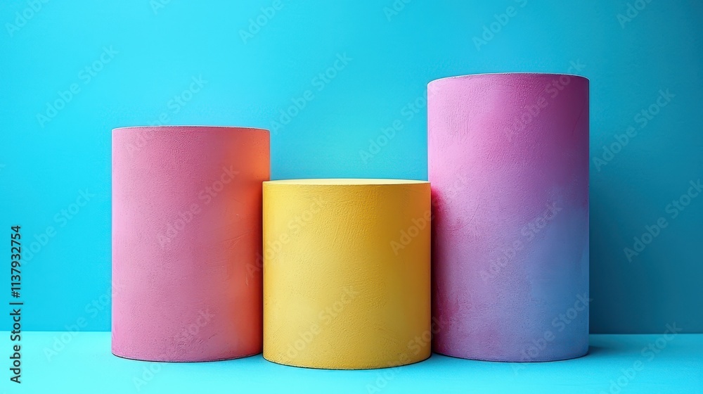 Colorful Cylindrical Podiums on Blue Background Colorful Cylindrical Podiums on Blue Background