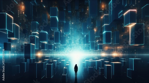 abstract background Lonely Figure in a Labyrinth of Glowing Cubicles, Digital Realm