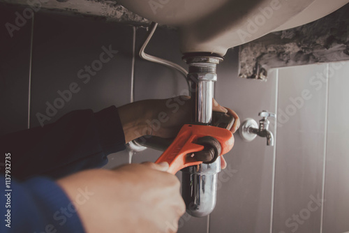 plumber at work in a bathroom, plumbing repair service , fix water plumbing leaks, replace the kitchen sink drain