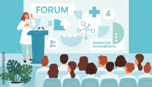 International medical forum. Doctor at tribune. Medicine innovation presentation. Scientist character. Performance from stage. Conference audience. Public speaker. Garish vector concept