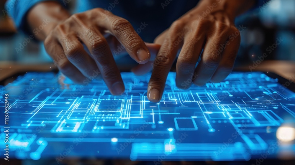 Close-up of hands using futuristic touchscreen interface. Close-up of hands using futuristic touchscreen interface.