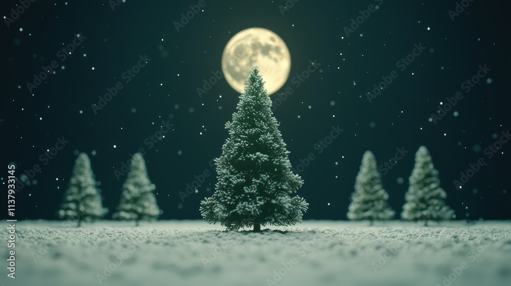 Fototapeta premium Snowy evergreen trees under a full moon winter night landscape serene natural environment