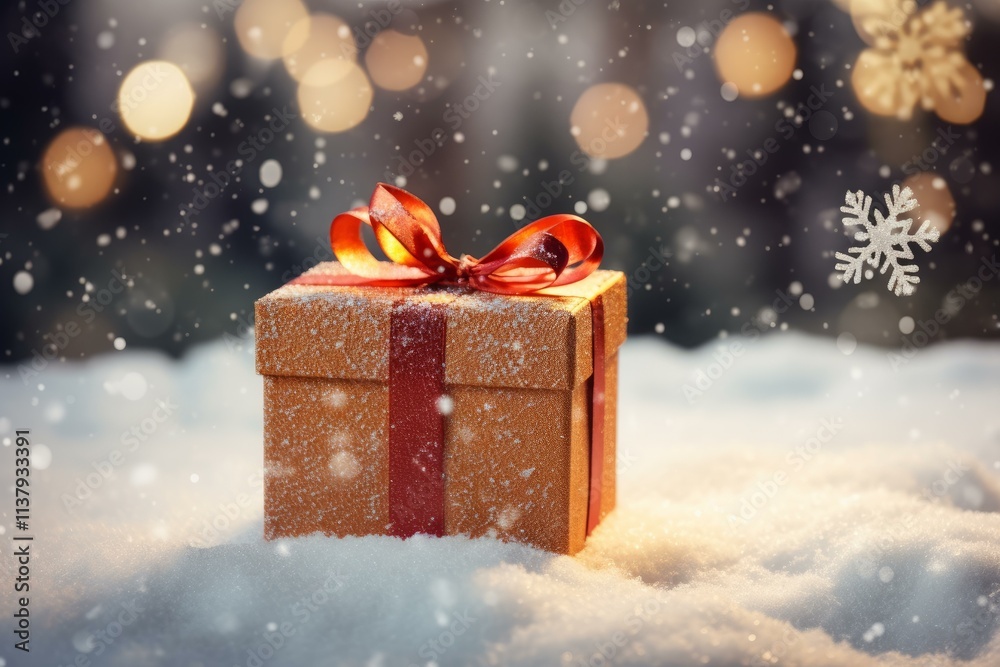 Golden gift with red ribbon on snow during a snowfall at christmas time Golden gift with red ribbon on snow during a snowfall at christmas time