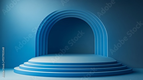 Blue background for product presentation with shadows and light. Empty round podiums. Mockup.