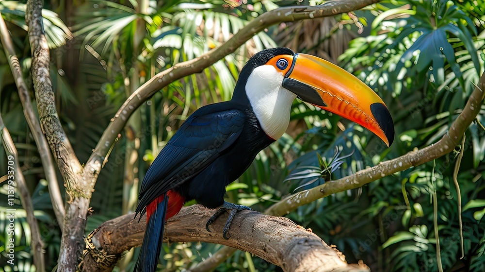 Naklejka premium A colorful toucan perched on a tree branch in the Amazon.
