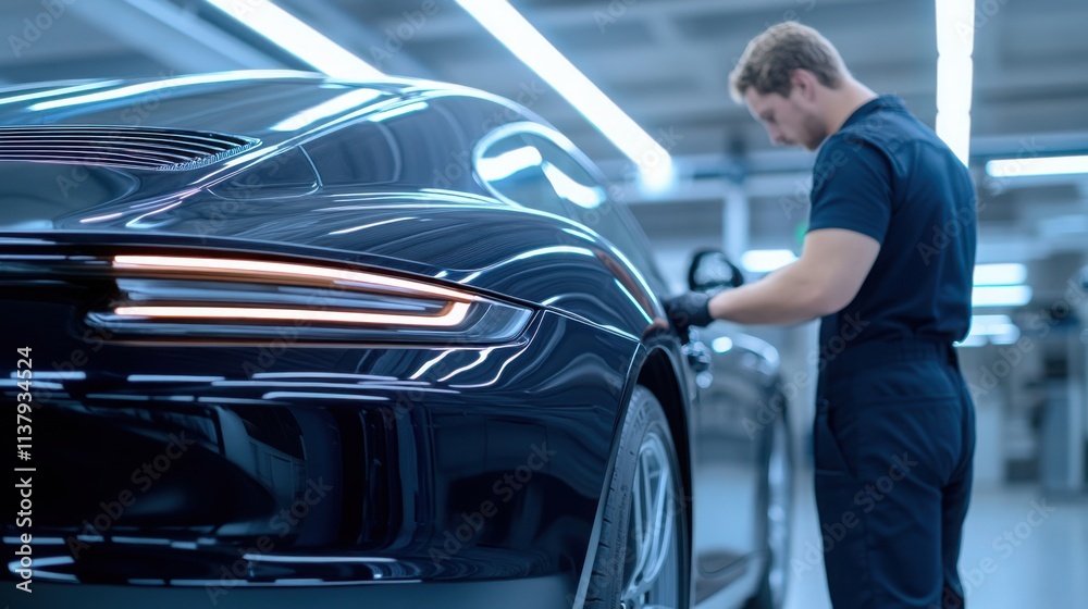 a mechanic installing the last part onto a luxury car in a well-lit workshop, high-quality details a mechanic installing the last part onto a luxury car in a well-lit workshop, high-quality details