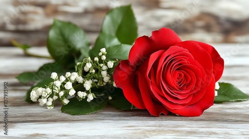 A single red rose with white babys breath rests on wood