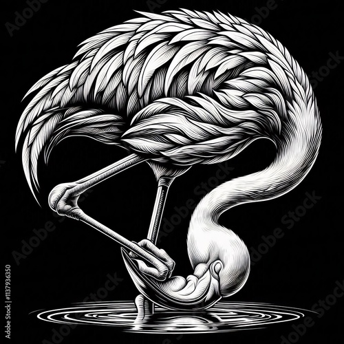 A flamingo balancing on one leg while sleeping head tucked under photo