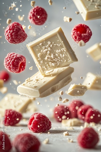 raspberries and white chocolate float in the air