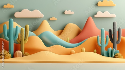 3D cacti and stones, banner with space for text. Modern mock up and lightbox concept.
