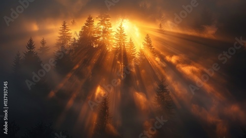 Sunrise rays through foggy forest.