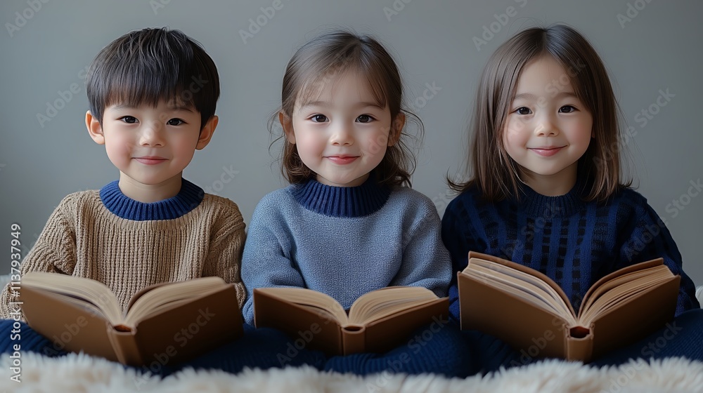 Children reading books together in cozy sweaters on a soft carpet Children reading books together in cozy sweaters on a soft carpet