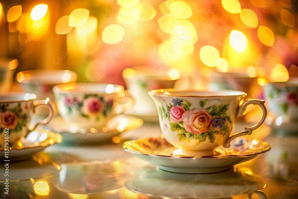 Fototapeta premium Vintage Porcelain Tea Set Long Exposure Photography - Antique Teacups, Fine China, Elegant Tea Party