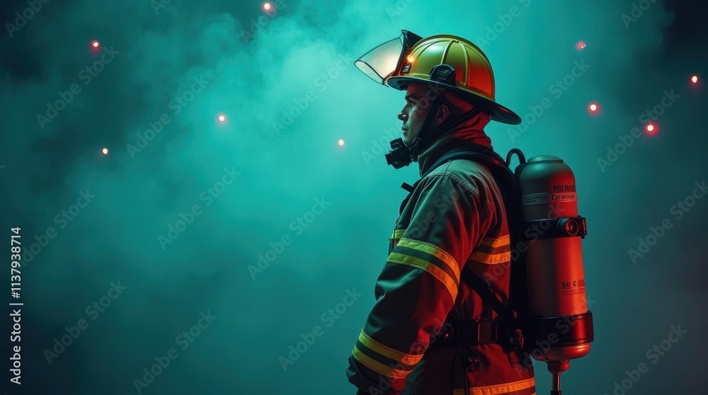 Naklejka premium Heroic Firefighter Under Neon Lights