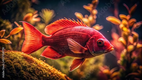 Vintage Red Hump Eartheater Fish Aquarium Photography - Retro Fish Tank Image