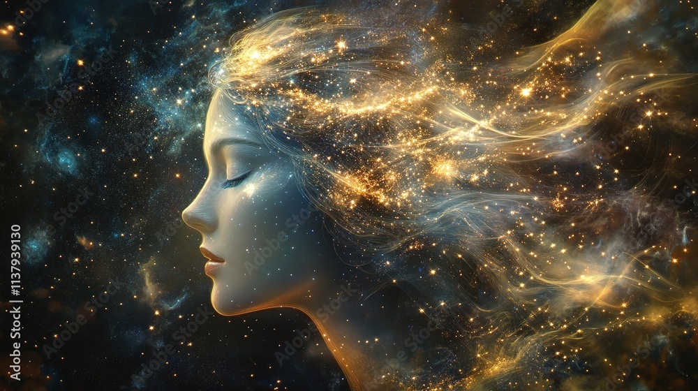 Generate a detailed visual of the Virgo constellation, illustrating the maiden with sparkling stars in an ethereal night sky Generate a detailed visual of the Virgo constellation, illustrating the maiden with sparkling stars in an ethereal night sky